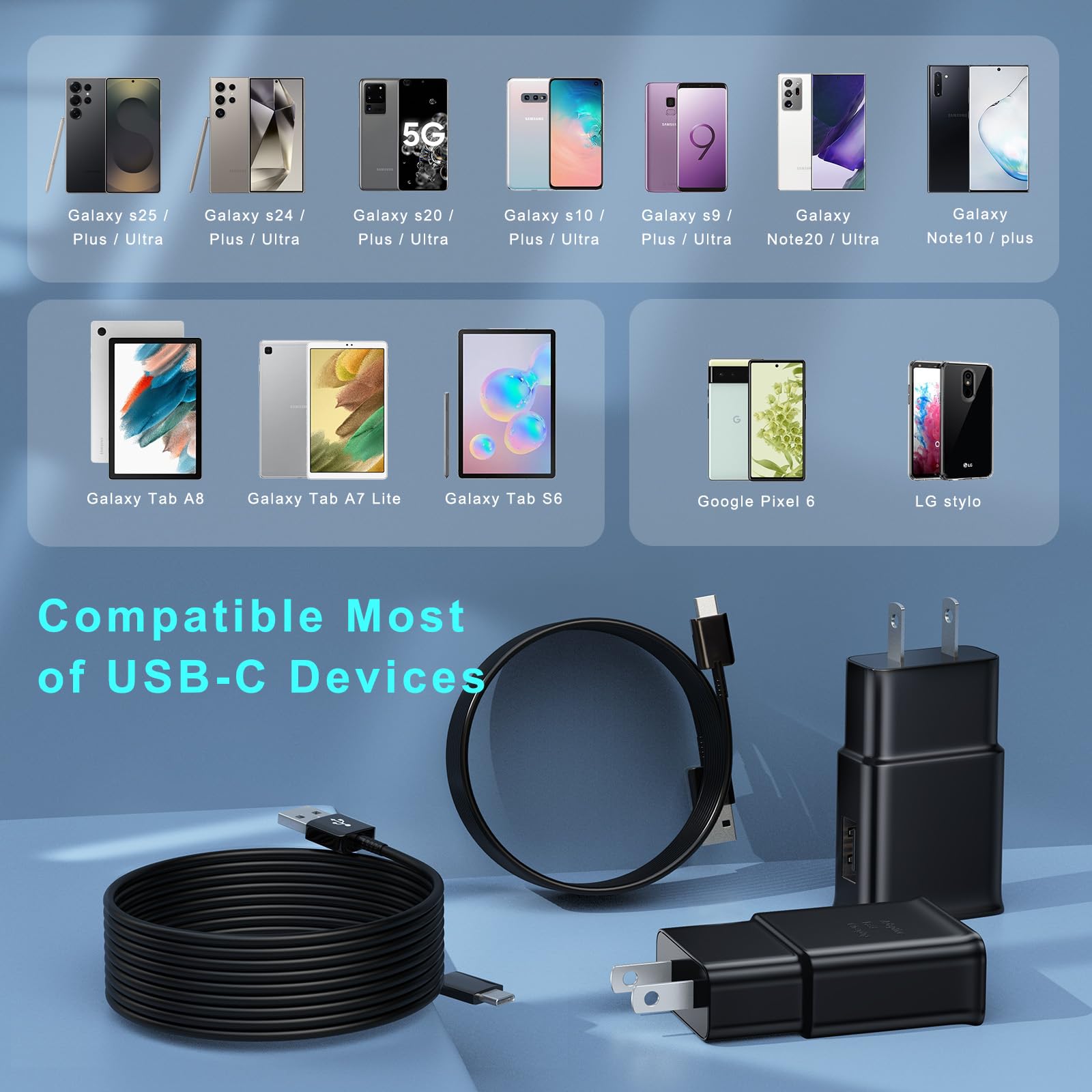 Android Type C Phone Charger with 10 FT C Charger Cable Fast Charging for Samsung Galaxy S10/S10e/S10+/S9/S9+/S8/S8+/S23/S22/S21 Ultra/S20/Note 20/Note 10/Note 9/S25/s25+/S24/S24+/S24 Ultra
