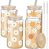Nuenen 4 Pcs 16oz Daisy Glass Cup with Lids and Straws Iced Coffee Cup Cute Aesthetic Cups Glass Coffee Tumbler for Women Friend Her Christmas Birthday Gifts