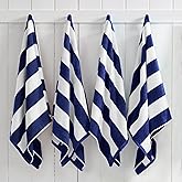 Great Bay Home 100% Cotton Velour 4 Pack Beach Towels 30" x 60" - Navy Cabana Stripe Pool Towels - Quick Dry, Large Swim Towels