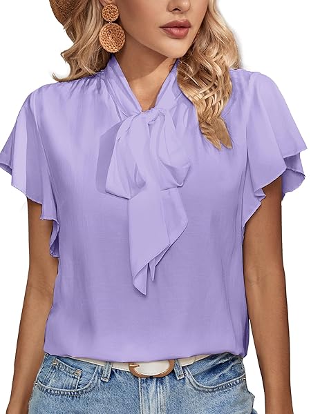 ROOSCIER WOMEN’S BOW TIE NECK RUFFLE SHORT SLEEVE VINTAGE RETRO WORK BLOUSE TOP LIGHT PURPLE LARGE
