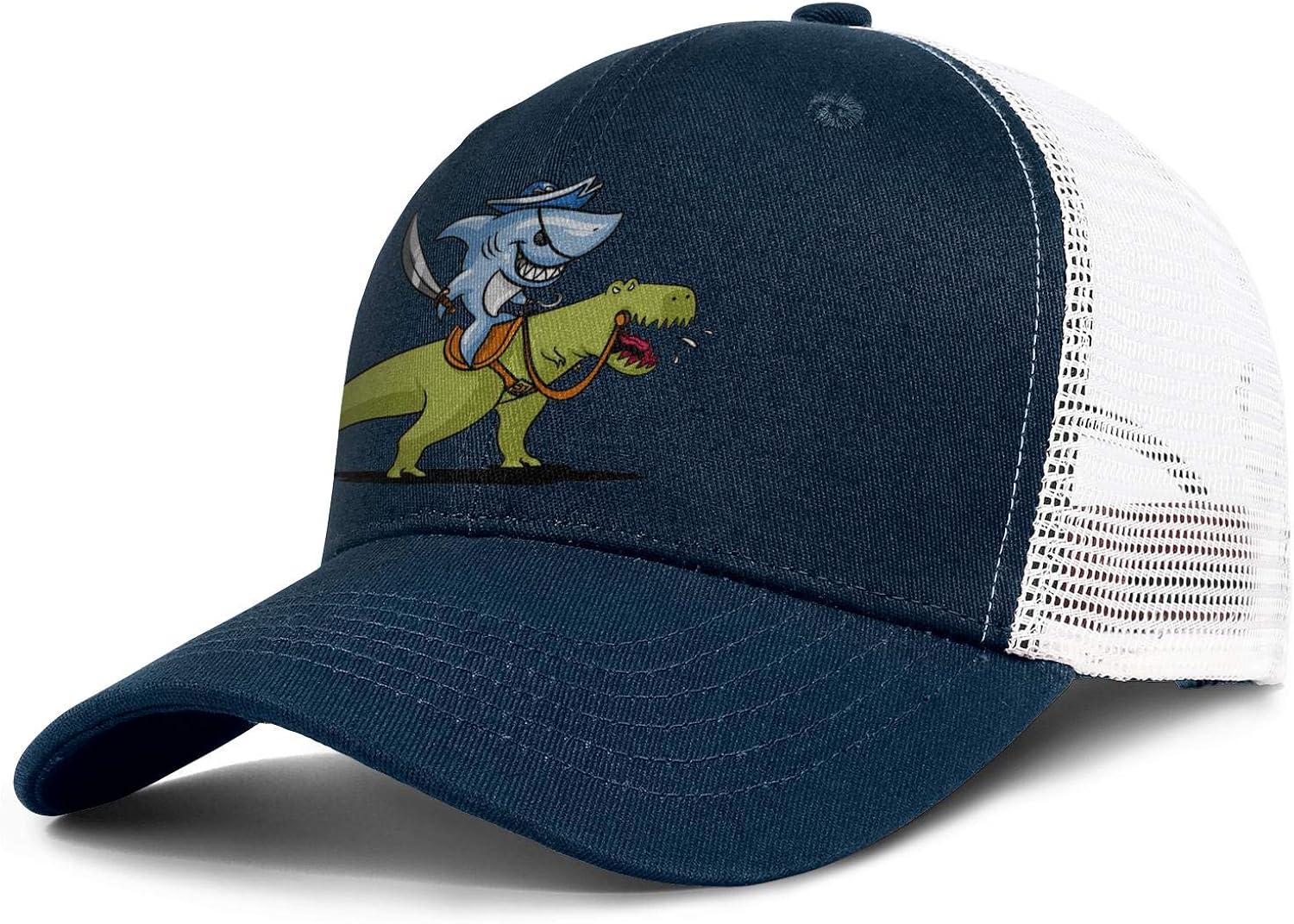 Shark Pirate Riding T-Rex Dinosaur Women Mens Fashion Mesh Ball Cap Adjustable Snapback Summer Hat Outdoor