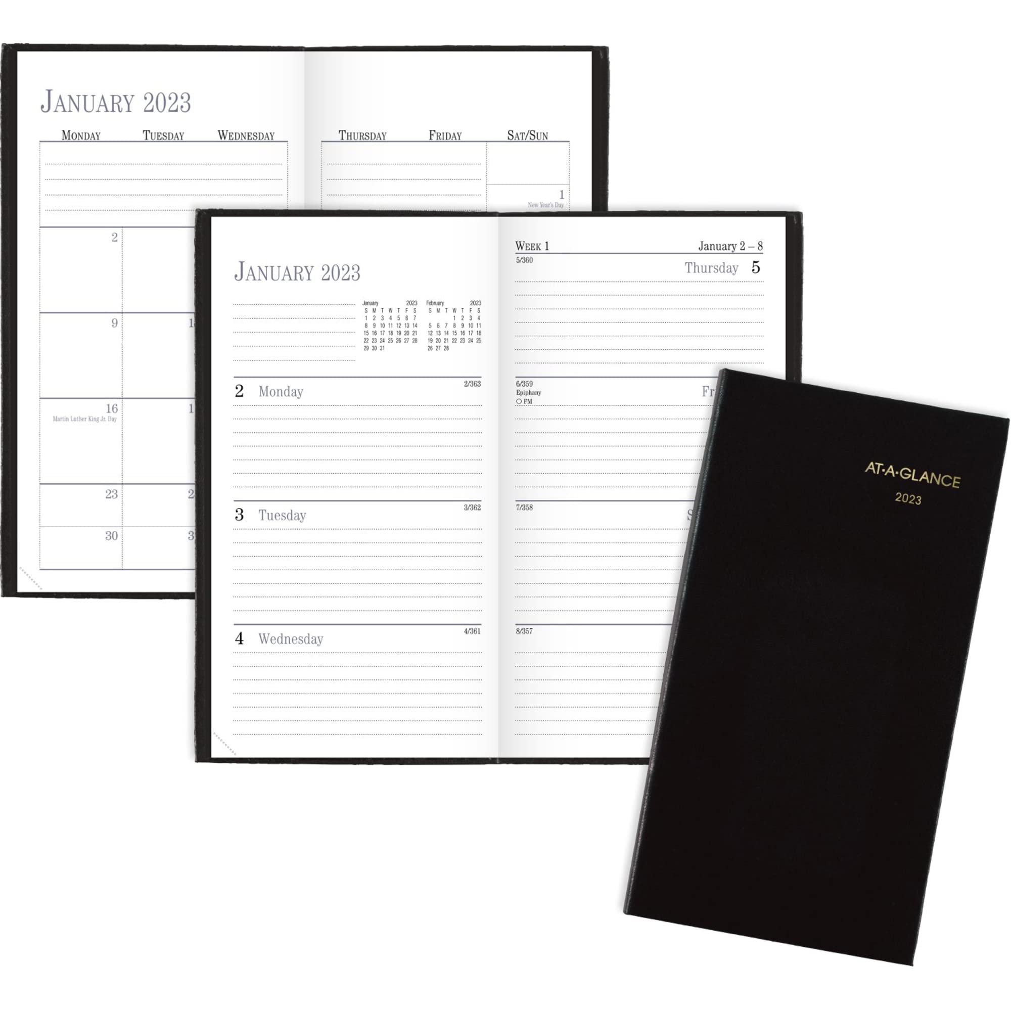 AT-A-GLANCE 2023 Weekly & Monthly Diary, Fine Diary, 3" x 6", Hardcover, Telephone/Address Pages, Black (720205)