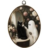 MAQIKA Halloween Ghost Cat Floral Framed Oval Wall Art Home Decor 8.7x11.3 | Dark Cottagecore Black Cat Ghost Oval Wall Hanging Decor, Gothic Spooky Canvas Prints Wall Art for Home Bedroom Bathroom