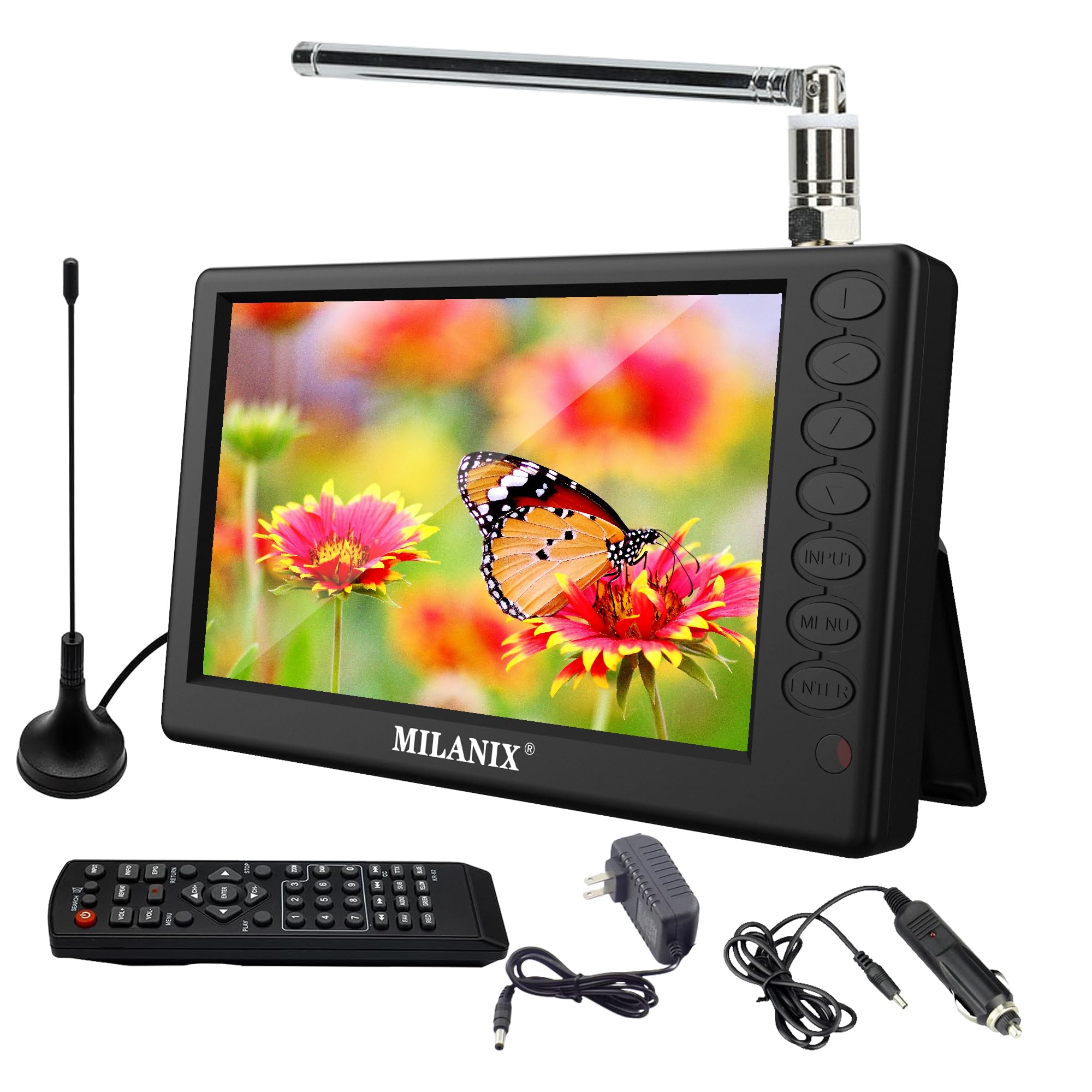 MILANIX 5” Portable TV LED Monitor Rechargeable Battery Operated with Antenna, AC/DC, Built in Stand, USB, Digital Tuner, and Remote Control for Car, Travel, Camping, Kids