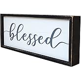 Rustic Blessed Freestanding Sign Home Decor for Living Room - Farmhouse Framed Blessed Wall Art Solid Wood Grey 12x5 Inches