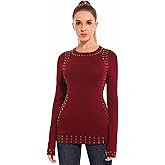 AmélieBoutik Women Crew Neck Studs Trim Embellished Long Sleeve Sweater