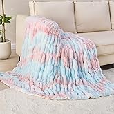 Softan Extra Soft Faux Fur Blanket, Warm Striped Faux Fur Throw Blanket with Flannel Fleece Reverse for Couch Sofa Bed Living Room, Pink Blue- 50"x 60"