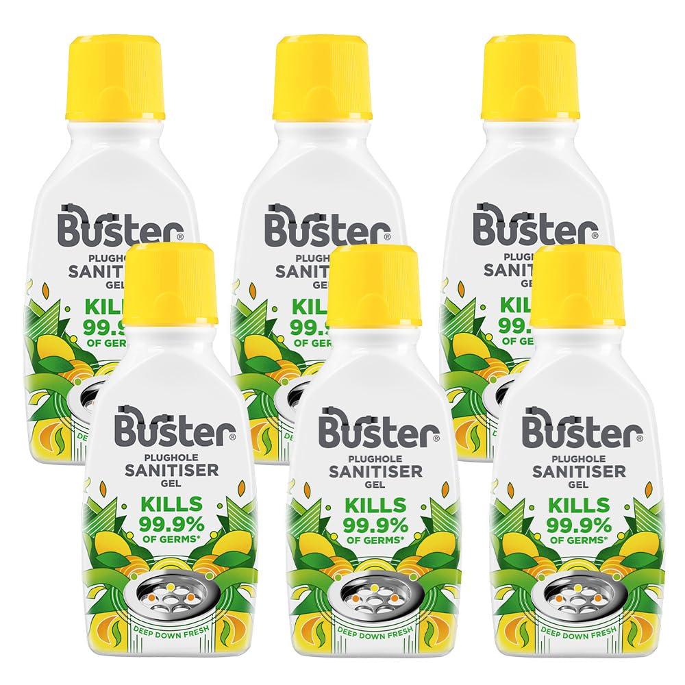Buster Plughole Sanitiser Gel (Citrus - Pack of 6 x 300ml) Fast-Acting Sink and Drain Cleaner for Bad Smells and Stains, Kills 99.9% Germs on Drains & Stainless Steel Sinks, Fresh Scent - Made in UK