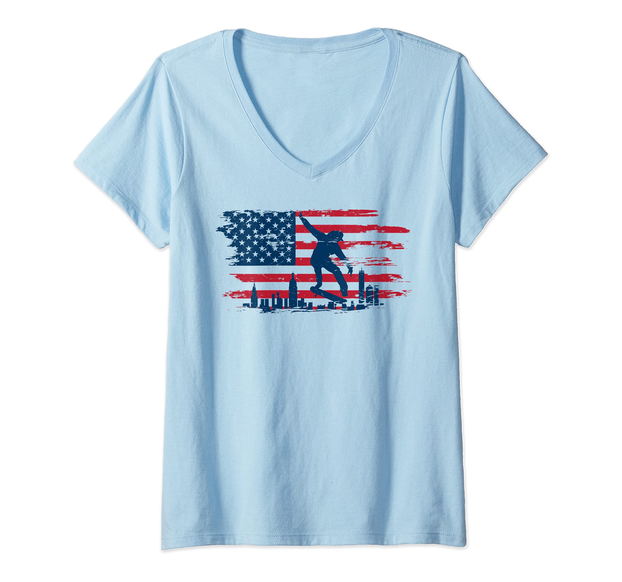 Womens Skateboard American Flag Skate Skateboarding Skateboarder V-Neck T-Shirt