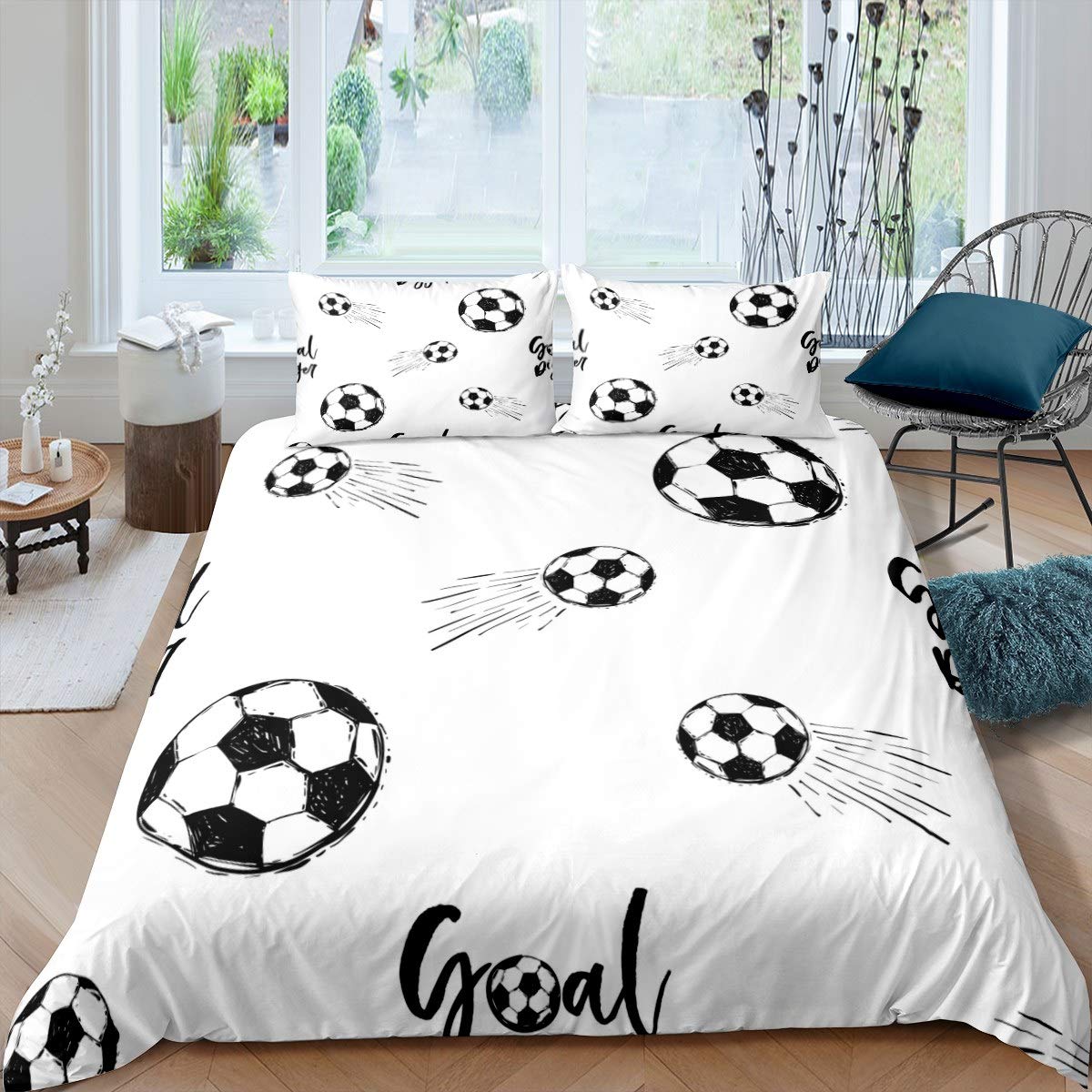 Loussiesd Boys Football Duvet Cover Sports Theme Comforter Cover Kids Soccer Ball Pattern Bedding Set For Children Men Black White Bedspread Cover Ultra Soft Room Decor King Size Bedclothes Zipper — image 1