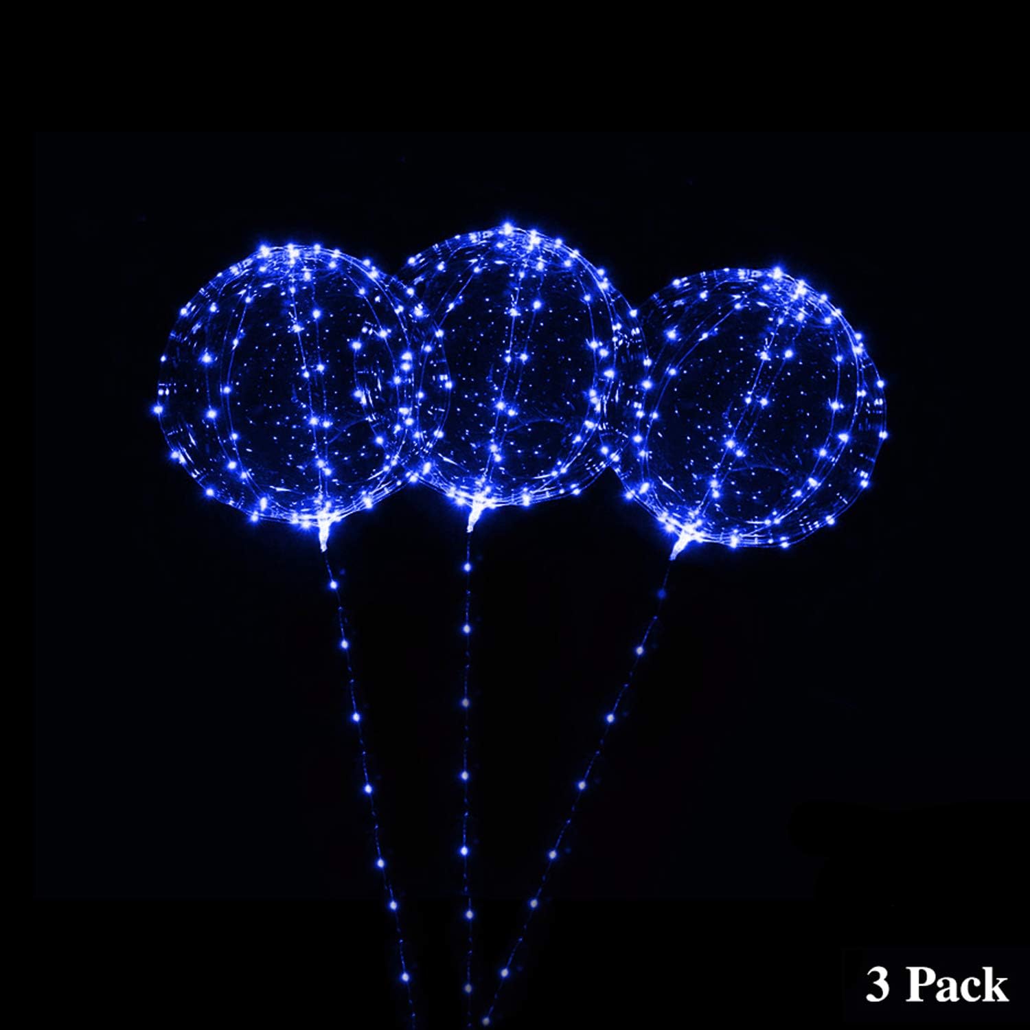 18 Inch 3 PCS Led Light Up BoBo Balloon, Warm White/ Red/ Pink colors, Fillable Transparent Balloons with Helium, Great for, House Decorations, Wedding and Party Decoration-Lasts 72 hours (Blue)