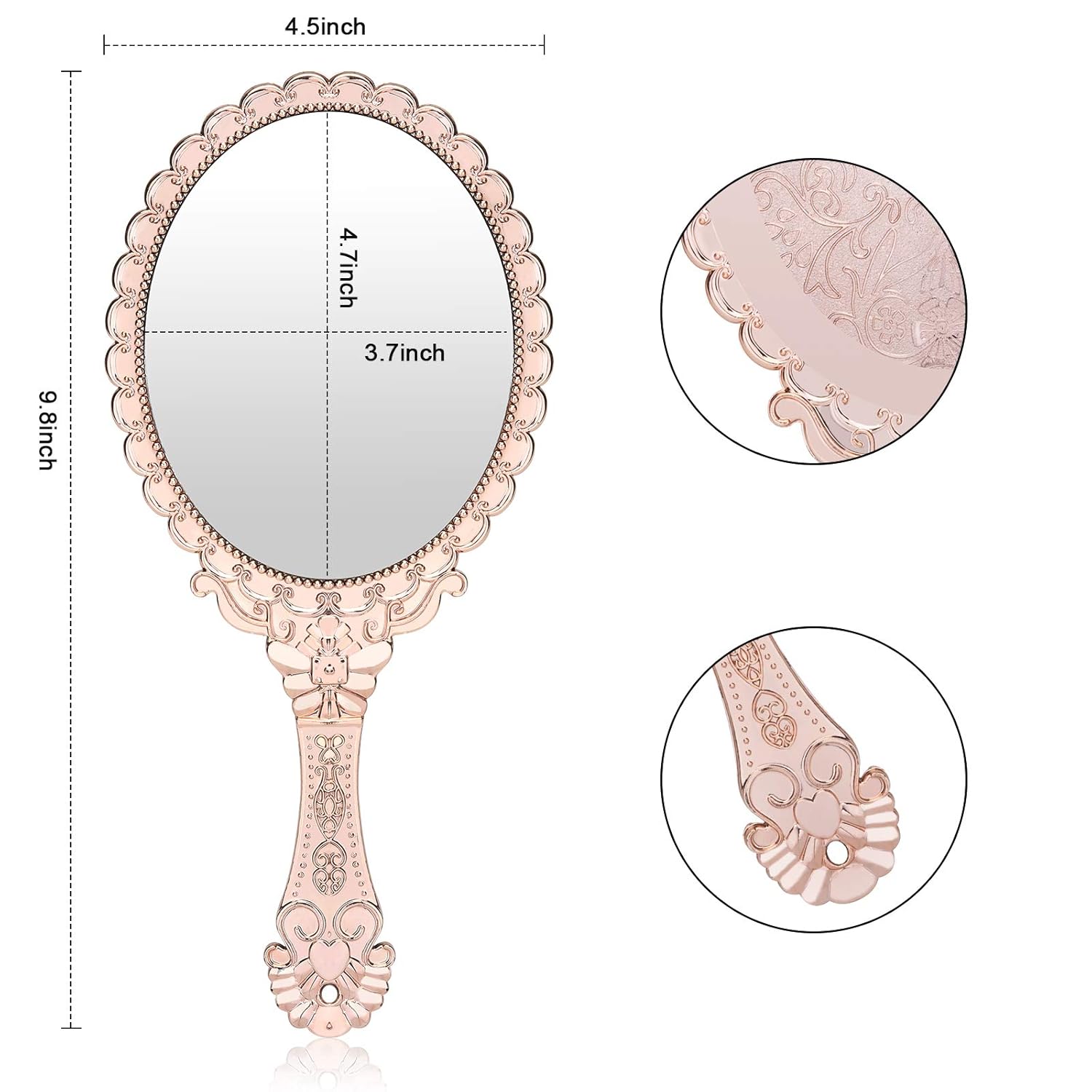 YUSONG Vintage Handheld Mirror, Small Hand Held Decorative Mirrors for Face Makeup Embossed Flower Portable Antique Travel Personal Cosmetic Mirror with Powder Puff (Rose Gold): Beauty
