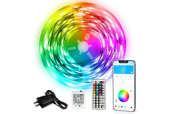 DAYBETTER LED Strip Lights 110ft 1Roll RGB Music Sync Smart App Control | Indoor color changing decor for bedroom, kitchen, party. 44-key IR remote, timer, cuttable, flexible, strong adhesive