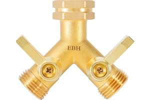 EBH Brass Garden Hose Splitter 2 Way, Heavy Duty Hose Diverter, Y Splitter 2 Valves With Long Handle, GHT 3/4-Inch Heavy Duty Hex Female Inlet and 3/4-Inch Male Outlet