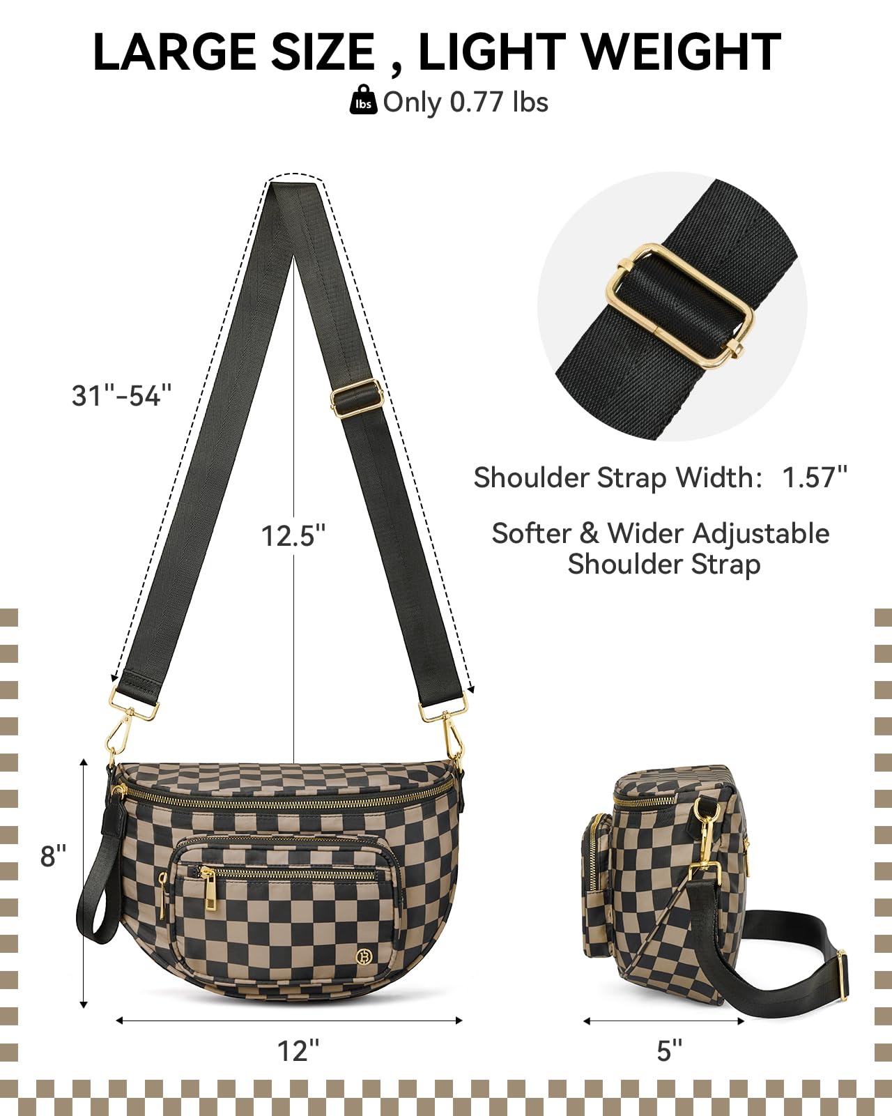 BOSTANTEN Crossbody Bags for Women Cross Body Purse Checkered Bum Bag Large Fanny Waist Pack with Adjustable Strap