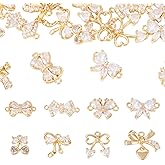 Boutigem 16Pcs 18K Gold Plated Brass Bowknot Charms Micro Pave Cubic Zirconia Bow Tie Connector Charms Rhinestone Bow Dangle Pendants for DIY Crafts Earring Bracelet Necklace Jewelry Making