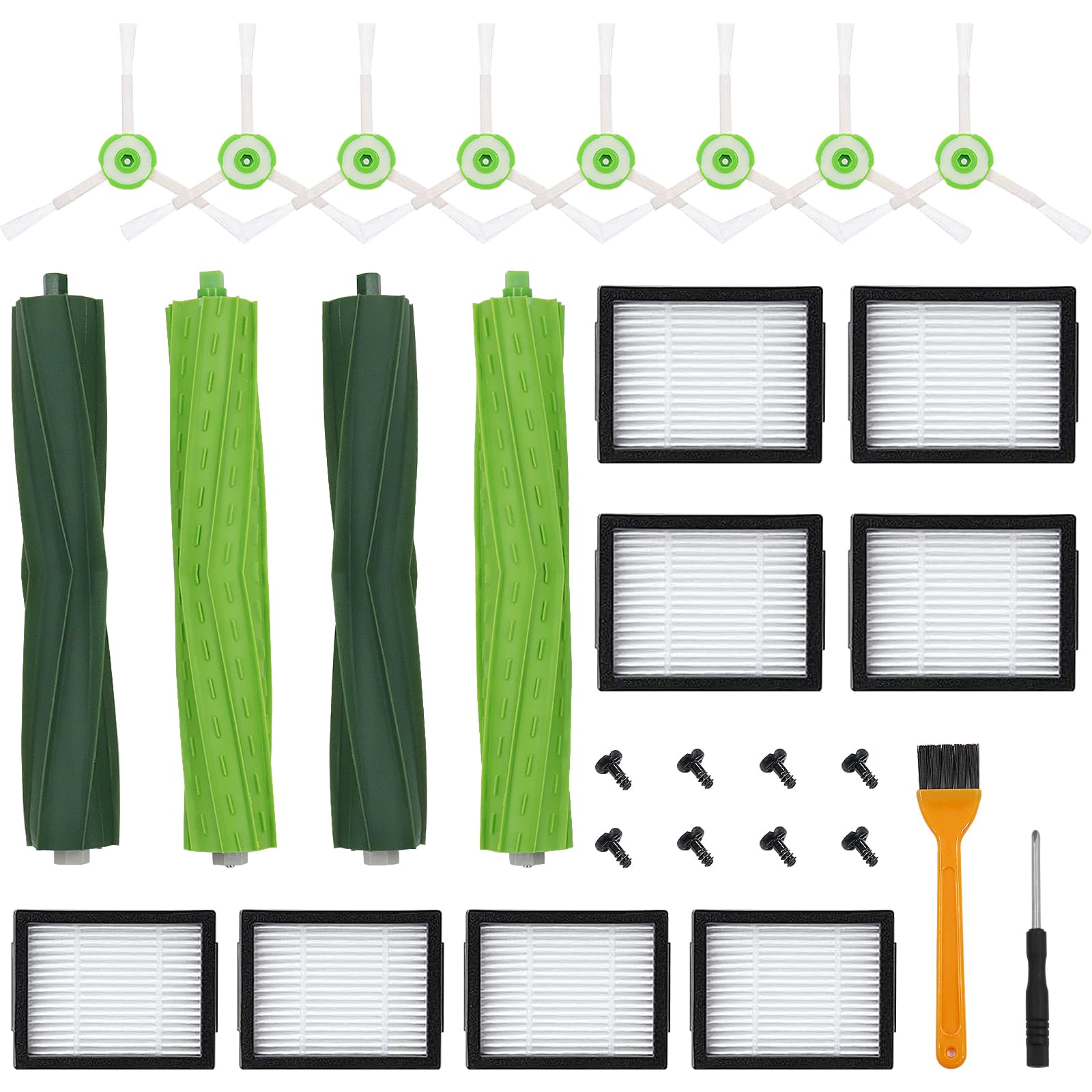 18 Pack Compatible with E/i/j Series Replacement Parts, E5 E6 E7 i2 i3 i3+i4 i4+ i6 i6+ i7 i7+ i8 i8+/Plus, 2 sets of multi-surface rubber roller brush 8 filters 8 side brushes