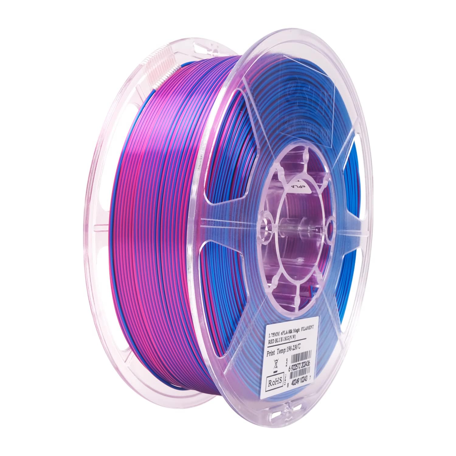 eSUNシルクマジックPLAフィラメント1.75mm、シルキーバイカラー3DプリンターフィラメントPLA、寸法精度+/- 0.03mm、1KGスプール（2.2 LBS）3Dプリンター用3D印刷フィラメント，赤と青の2色商品画像