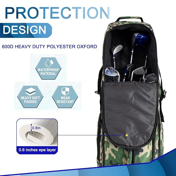 GOLF TRAVEL BAGS FOR AIRLINES WITH WHEELS,900D HEAVY DUTY OXFORD WEAR-RESISTANT SOFT-SIDED GOLF CLUB FLIGHT BAG WITH ADJUSTABLE SUPPORT ROD,GREEN CAMO