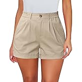 luvamia Shorts for Women High Waisted Dressy Casual Cotton Stretch Twill Elastic Wasit Pleated Summer Shorts with Pocket