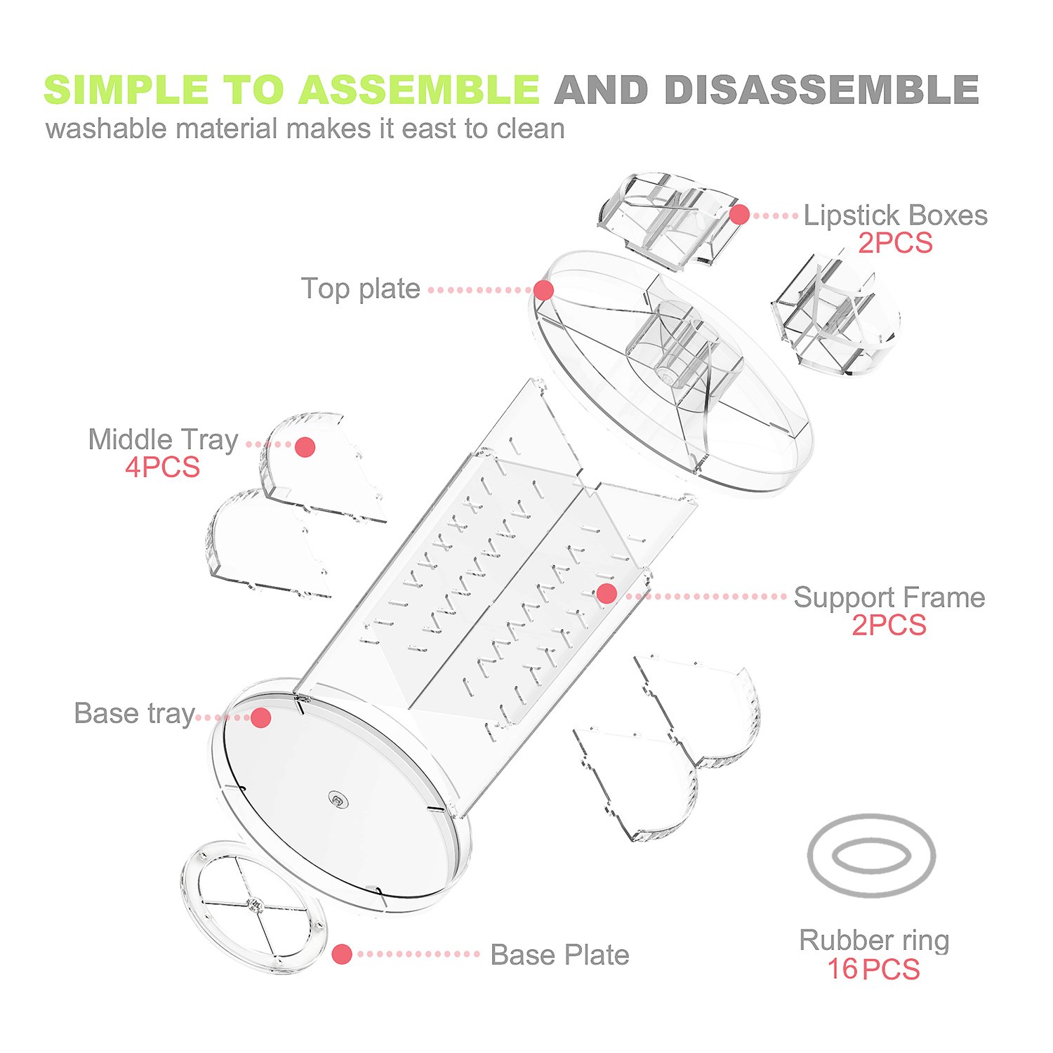 Makeup Organiser, 360 Degree Rotating Adjustable Jewelry and Cosmetic Display Stand, 8 Layers Make Up Storage Box - Crystal Clear