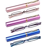 OWTXIS 3 Pack Mini Slim Pen Reading Glasses - Compact Readers with Pen Clip Case Spring Hinge Metal Frame Eyeglasses (Pink, Purple, Blue, +2.00)