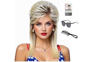 Auguyist Mullet Wigs for Women Curly Shoulder Length Fluffy Hair 70s 80s Rocker Party Cosplay Synthetic Wigs (Blonde Mix Black)