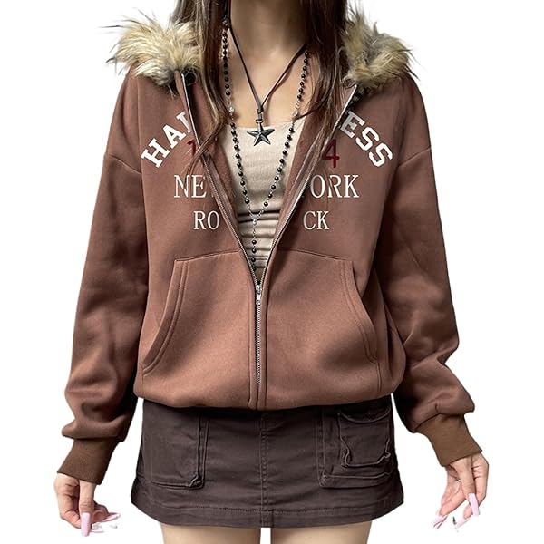 Y2k Zip Up Hoodie Fur Jackets Winter Coats Teen Emo Grunge