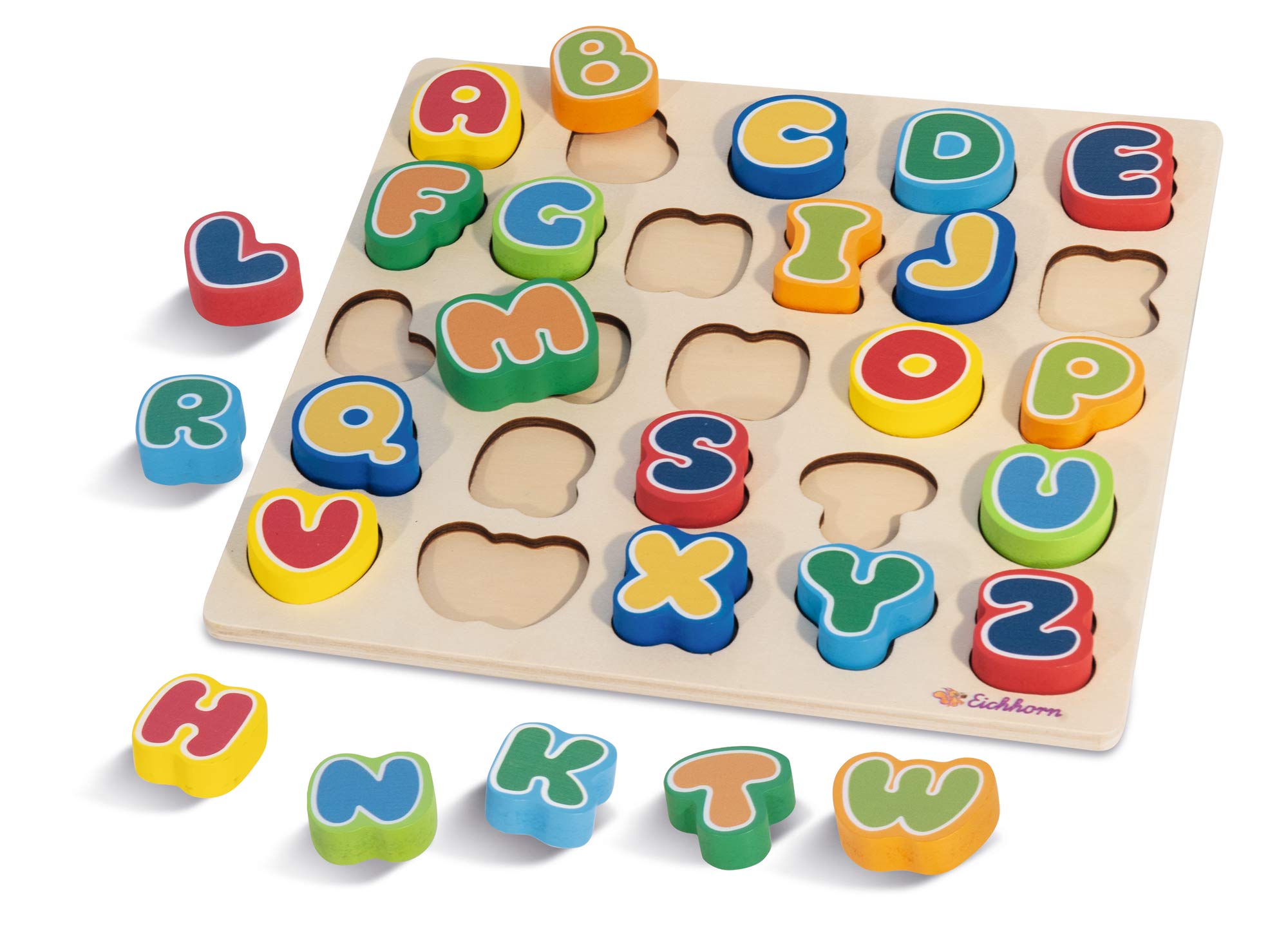 Eichhorn 100003455 26 Letters Learn the Alphabet Playfully Wooden with Board 30 x 30 cm Learning and Motor Skills Toy from 2 Years