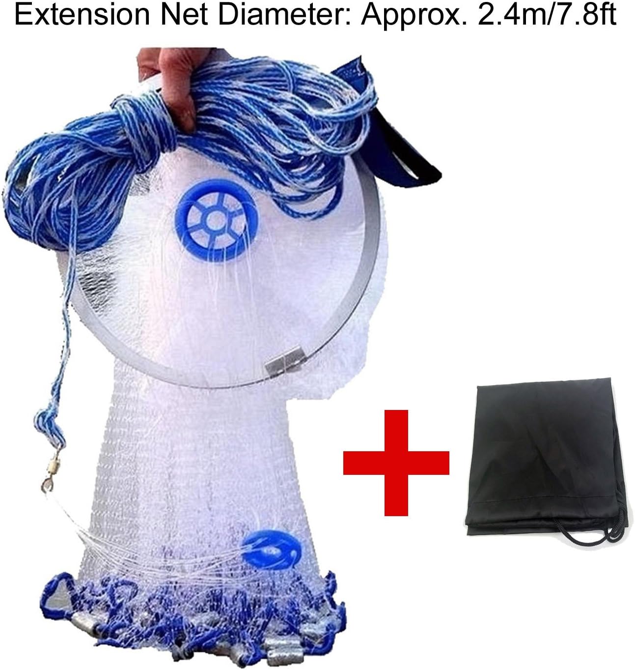 EASY BIG American Fishing Cast Net with Aluminum Frisbee for Bait Trap Fish Dia:7.8ft/9.8ft/11.8ft/13.7ft, 0.8inch Mesh Size