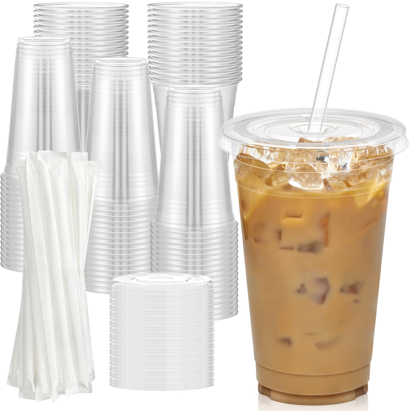100 Pack - 20 oz Clear Plastic Cups with Lids and Straws, Sturdy & Food Safe Iced Coffee Cups with lids, Disposable Plastic Smoothie Cups for Cold Drinks