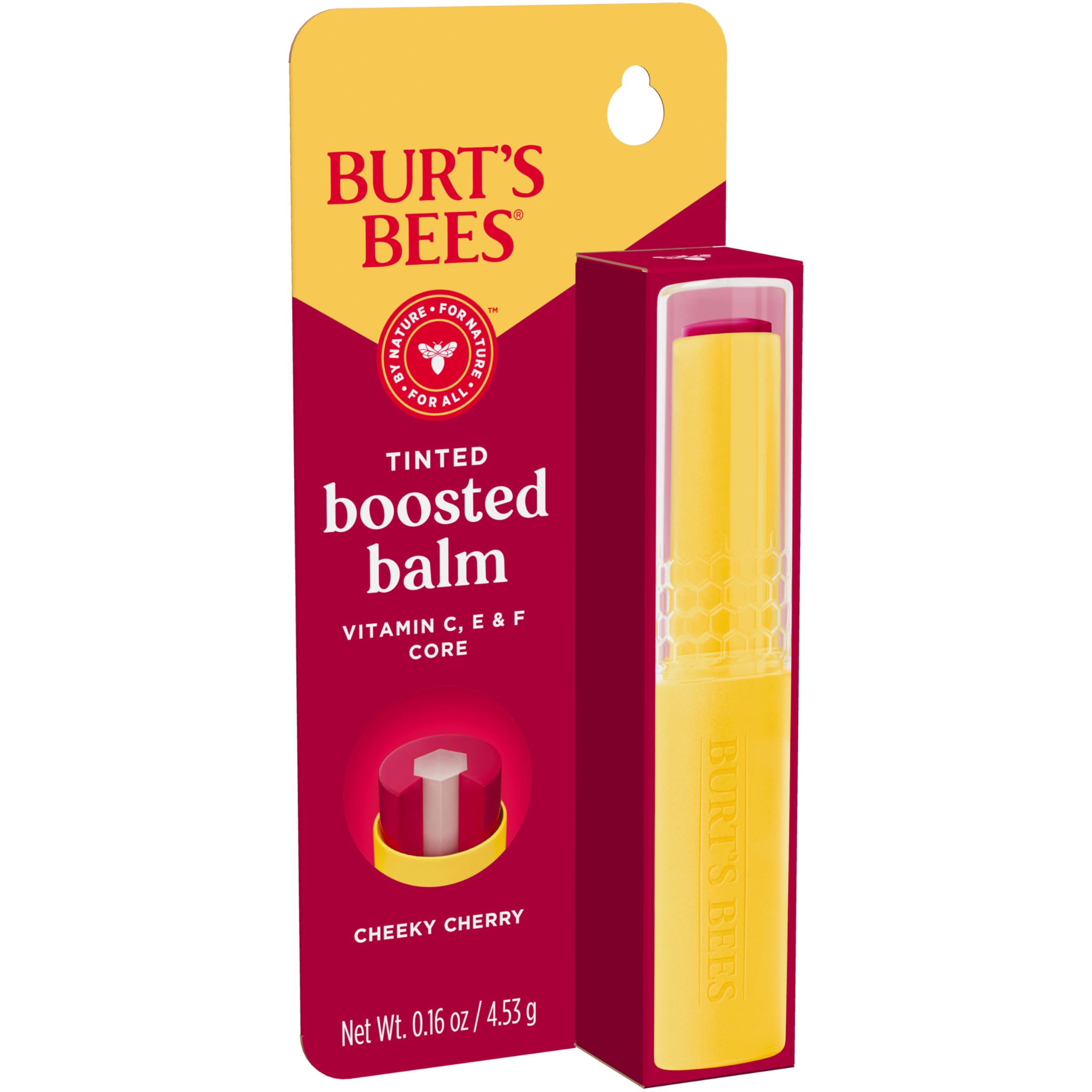Burt’s Bees Stocking Stuffers, Tinted Boosted Balm, Cheeky Cherry, Hydrating Tinted Lip Balm, 24 Hour Lip Moisturizer with Responsibly Sourced Beeswax, 100% Natural Origin, 1 Count, 0.16oz