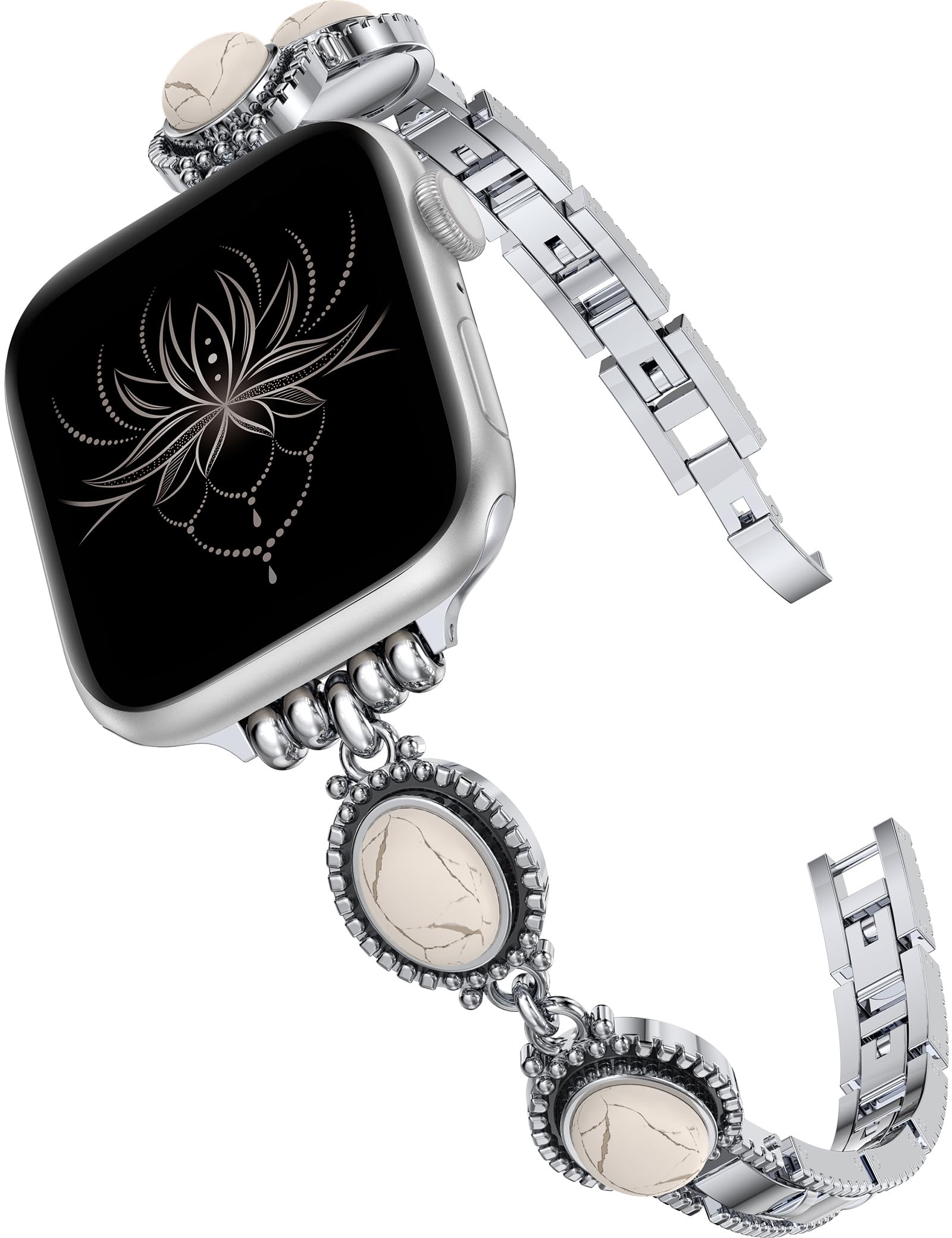 Moolia Turquoise Stone Bracelet Compatible with Apple Watch Band 42/41/40/38mm Women Metal Handmade Adjustable for iWatch Series 11 10 9 8 7 6 5 4 3 2 1 SE/Ultra（1/2/3） Silver/White Turquoise