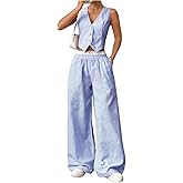 Milumia Women's 2 Pcs Outfits Striped V Neck Button Blazer Vest Pants Tracksuit