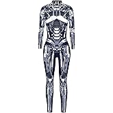 FEOYA Skeleton Jumpsuit for Women Halloween Costume Long Sleeve Skinny Catsuit 3D Print Skull Bodysuit Bone Cosplay Outfit