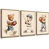 3 Pcs Nursery Bear Wall Art Boys Sports Canvas Wall Decor Vintage Cute Animal Poster Prints Kids Room Painting Pictures for Living Room Bedroom (12x16in Poster)