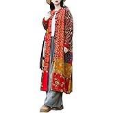 LZJN Women‘s Patchwork Trench Coat - Floral Cotton Linen Long Jacket, Cottagecore Bohemian Outerwear