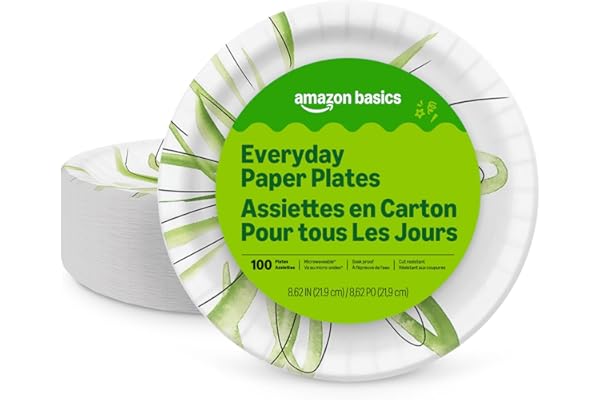 Amazon Basics Everyday Disposable Paper Plates, 8.62 Inch, Microwave-Safe, Cut Resistant, Soak-Proof, 100 Count, Packaging May Vary