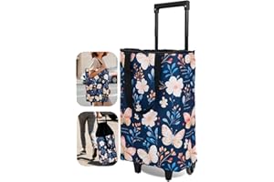 Dxiywa Foldable Rolling Bag, Portable Small Shopping Cart with Wheels, Collapsible Shopping Tote with Stylish Pattern for Market & Grocery Runs–Gift for Women & Seniors, Expandable L, bluebfly