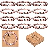 Ecation 12 Pcs Sport Bracelets Team Gift Lava Stone Black White Beaded Bracelet with Inspirational Card for Sport Party Favor