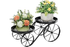 Dawnyard Plant Stand Indoor Outdoor 2-Tier Metal Heavy Duty Flower Pot Holder with Decorative wagon wheels, Multi-Use Planter