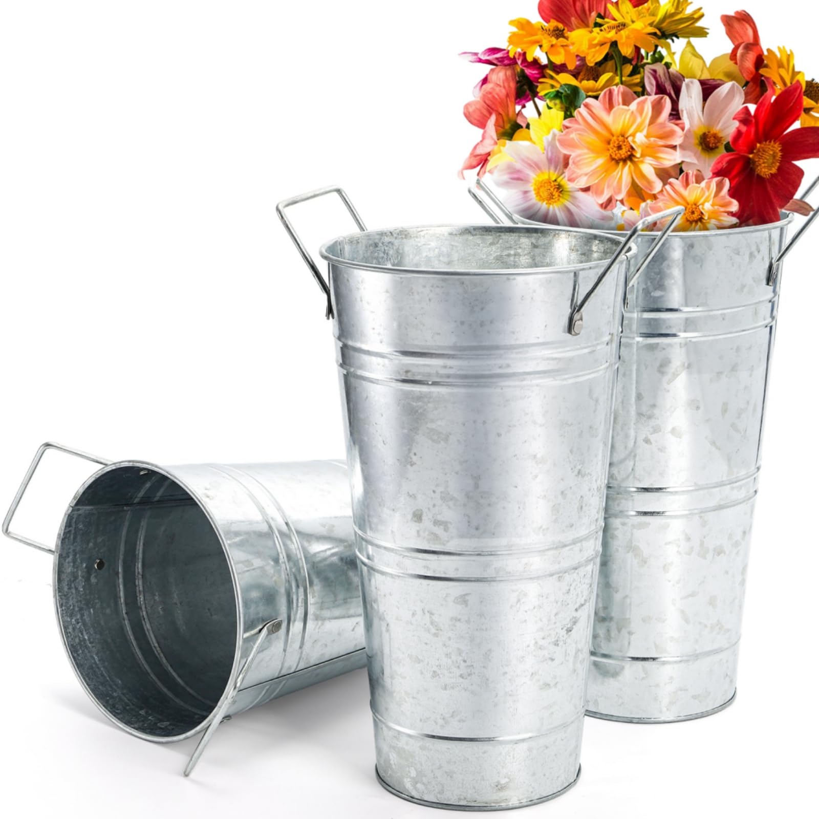 Photo 1 of ZOOFOX 3 Pack Large Galvanized Metal Vases, 11 Inch Farmhouse French Flower Bucket Vase with Handles, Metal Floral Container for Cut Flowers, Flowers Arrangements, Table Centerpiece Wedding Decor