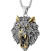 COOLSTEELANDBEYOND Mens Steel Howling Wolf Head Pendant Necklace Gold Silver Two-tone Norse Viking Animal Totem Jewelry