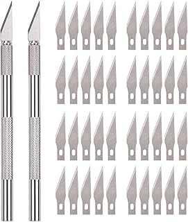 SAVITA Bastelmesser Skalpell Set Metall Federmesser Kleines Handwerkliches Hobbymesser Set mit 2stk Griffen und 40stk Ersatzklingen für Gravur und Herstellung von Kunstwerken