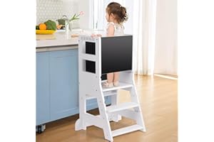 KIDINIX Toddler Tower with 3 Adjustable Heights Plane, Toddler Stool with Magnetic White Board&Removable Black Board for Painting, Safe Toddler Tower Suitable for Use in Kitchen/Counter/Sink, White