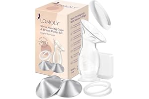 LOMOLY Silver Nursing Cups: Pure 999 Silver Nipple Shield to Relieve Soreness; Silver Nipple Covers Breastfeeding Set w/Nipple Shields, Silicone Rings, and Breast Pump (R: 1.8x0.6 Inches)