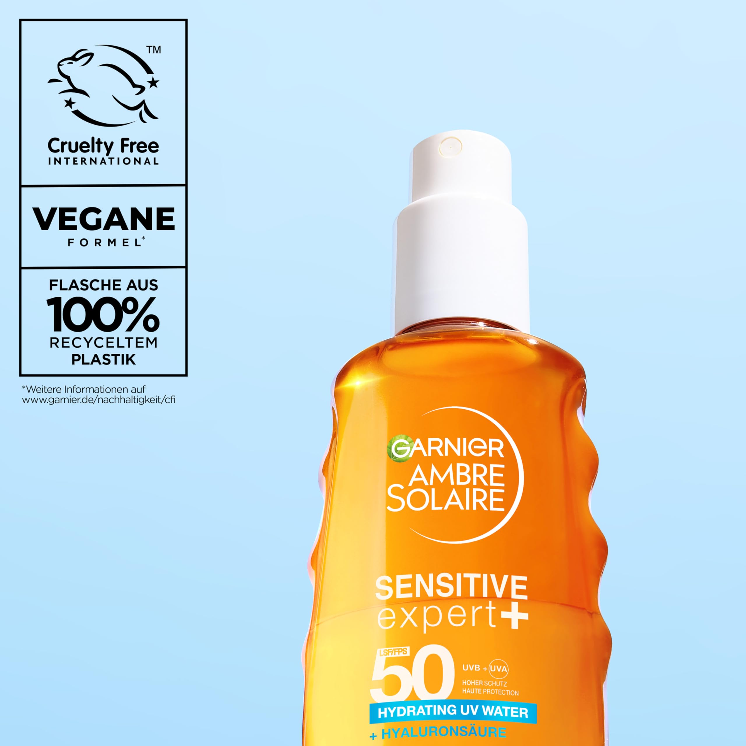 Garnier Ambre Solaire Sensitive Expert + Hydrating UV Water Sonnenschutzspray LSF 50 – Sonnen-Spray für Körper, Gesicht, Kopfhaut & Haare – Wasserfest, sandresistent & nicht fettend – 150ml 9