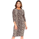 Women's 3/4 Sleeve Crew Neck Leopard Bodycon Midi Elegant Dress Party