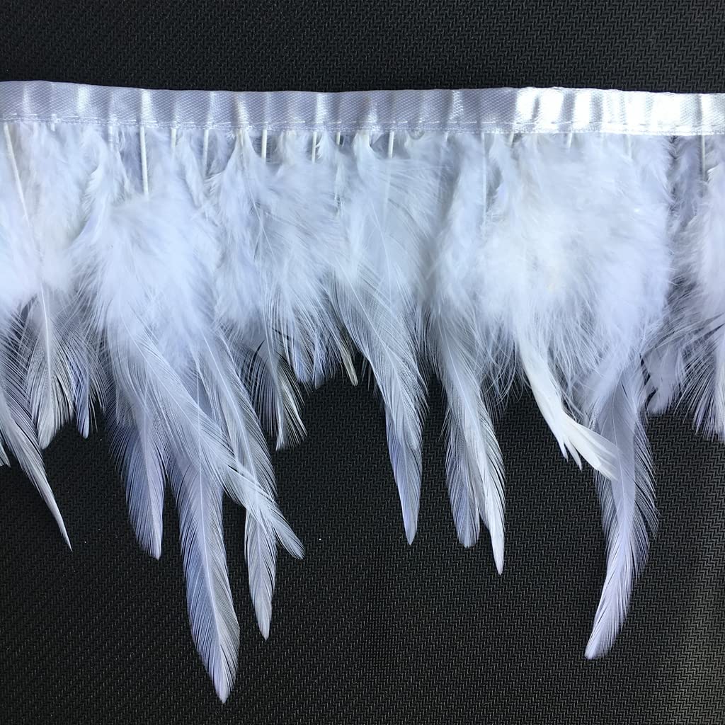 Sowder 2 Yards Natural Rooster Hackle Feather Trim Fringe 4-6" in Width Dress DIY Decoration (White)