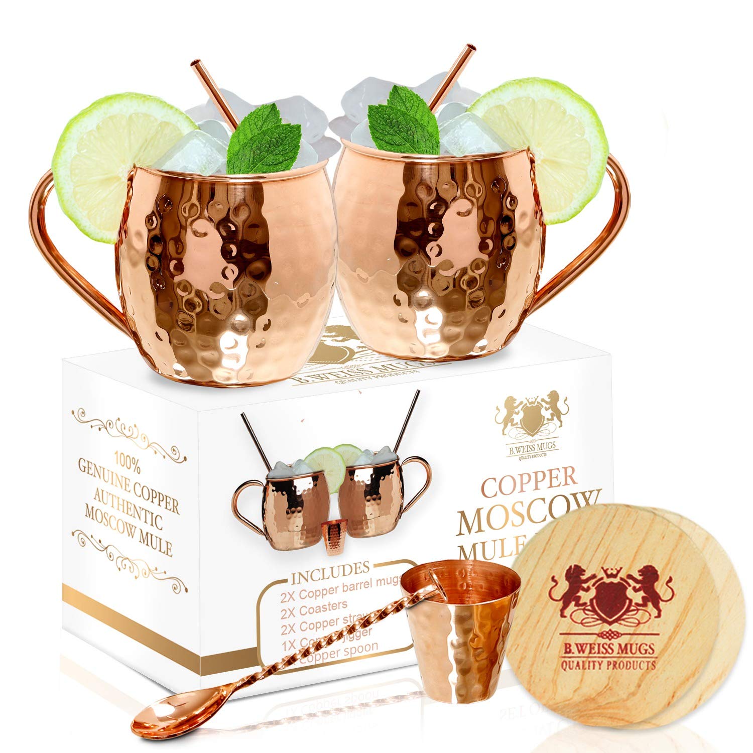 [Gift Set] The Best Moscow Mule Mugs -Set Of 2- Made of REAL 100% Pure Copper Guaranteed, Each mug is HANDCRAFTED and Unique - Food Safe Pure Solid Copper Cups- 16 Oz Moscow Mule Gift Set
